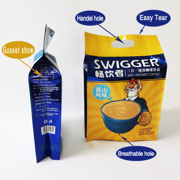 Instantkaffee individuell bedruckte Seitenfaltenbeutel mit Griffloch